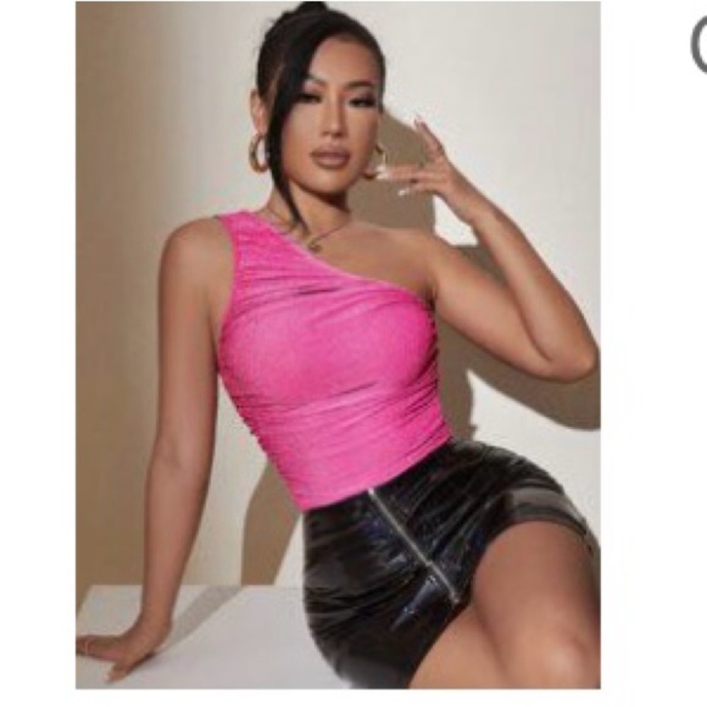 Pink Glitter one shoulder ruched crop top